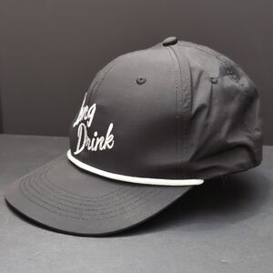 Long Drink Men's Black Snapback Hat with White Embroidered Logo.